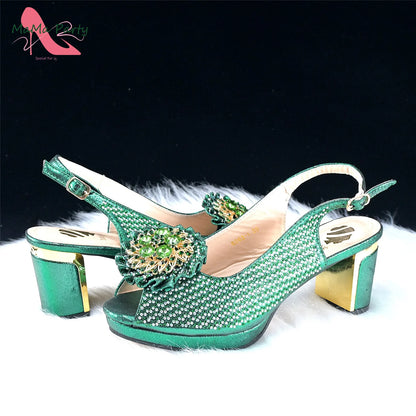 Italian Women Shoes Matching Bag Set in Green Color 7 CM Comfortable Heels with Plaform Elegant Peep Toe Sandals