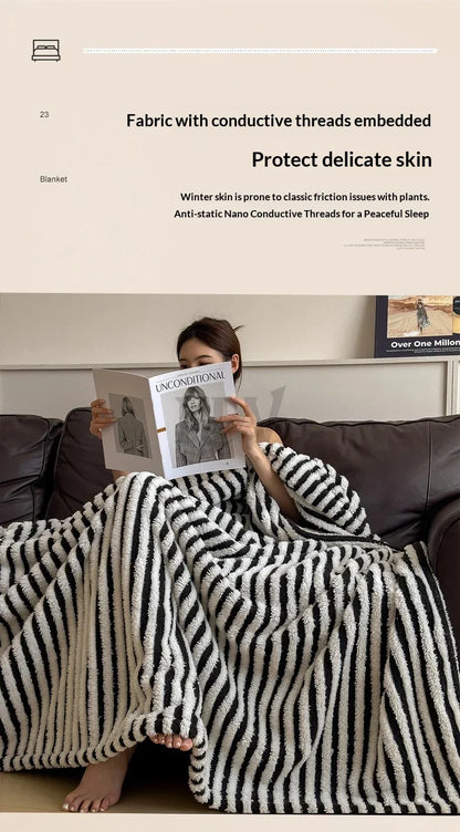 Imitation Rabbit Plush Striped Blanket Fluffy Soft Fleece Throw Blanket for Sofa Single Double Spring Autumn Warm Bed Blankets