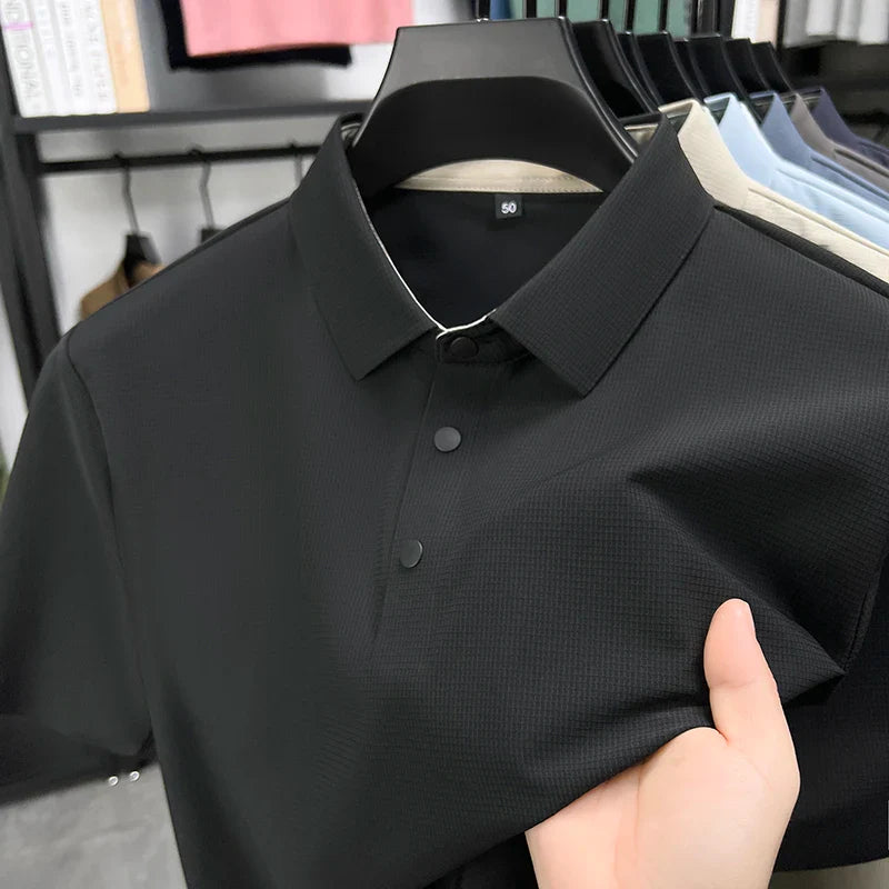 Summer Short Sleeve T-Shirt - Premium Jacquard Spandex, 7A Antibacterial, Seamless, Contrast Color, Split Hem, Wrinkle-Free Polo