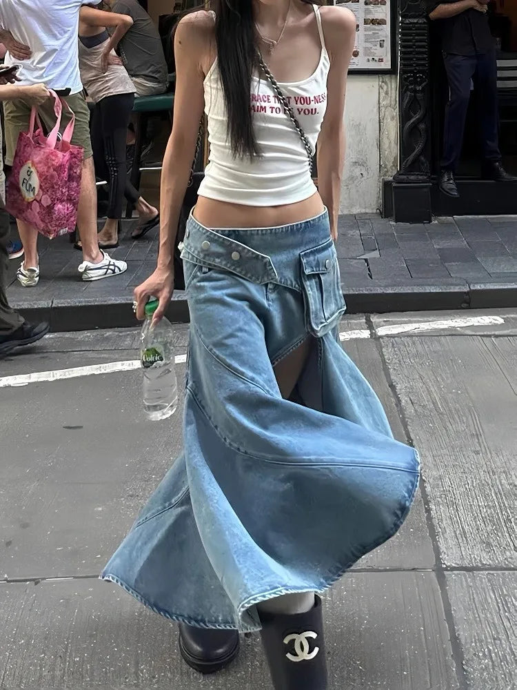Summer Women Midi Skirt Split Harajuku Denim Skirt Gyaru 2000s Aesthetic Japanese Abi Y2k Korean Sexy Kpop Coquette Design New
