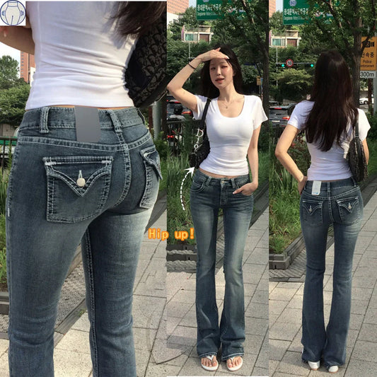 Y2K Clothes Hip Hop Pocket Embroidery Vintage Blue Baggy Jeans