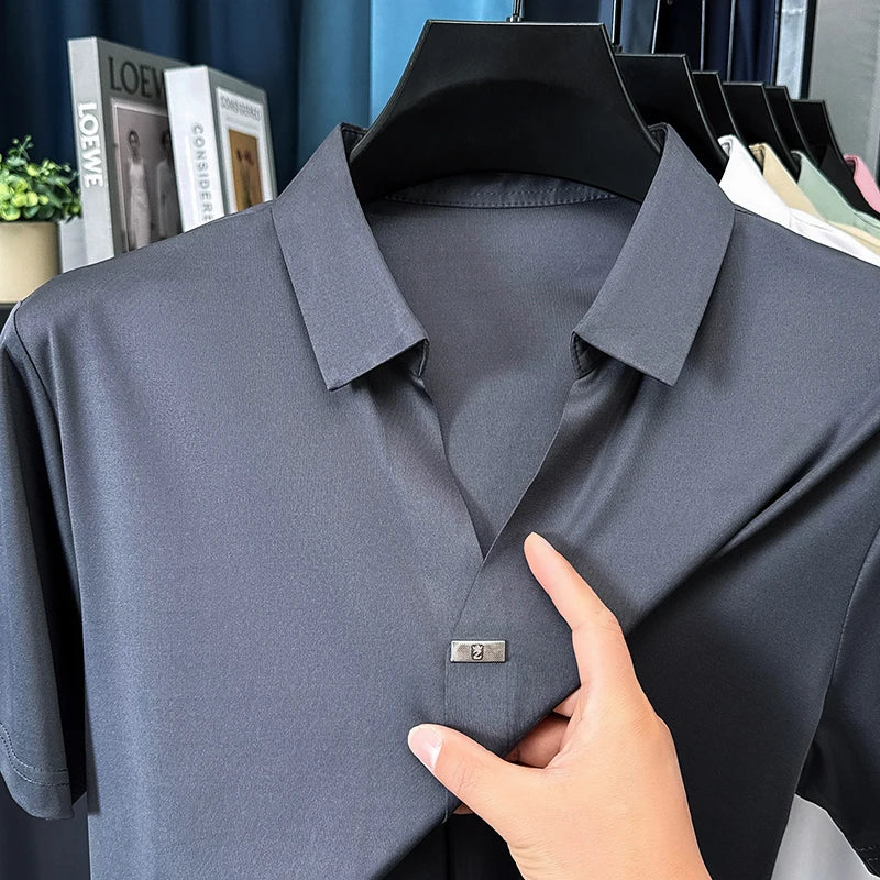 High quality ice silk short sleeve T-shirt men's lapel top trendy brand design cool silky breathable summer casual polo shirt