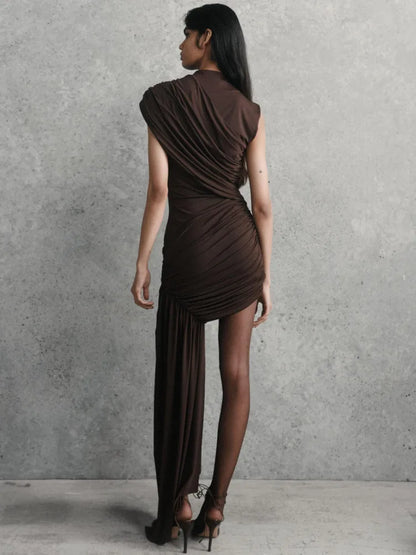 Irregular Draped Ruched Sexy Mini Dress For Women Elegant Turtleneck Sleeveless High Waist Pleated Club Party Dress