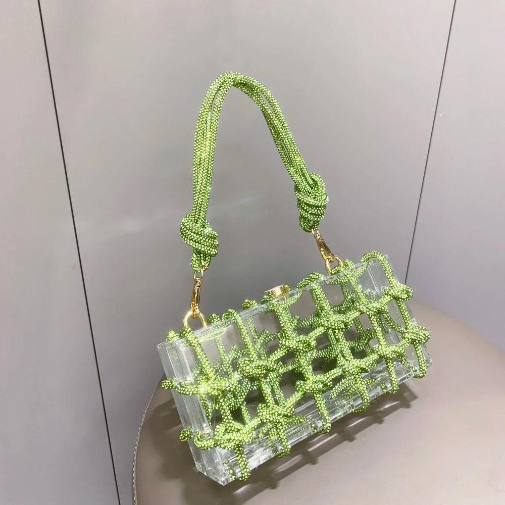 Bolsa de Noite com Alça e Strass Prateada de Cristal Feita à Mão para Mulheres, Bolsas e Bolsas de Mão de Designer de Luxo para Banquete