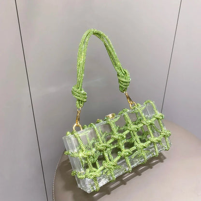 Bolsa de Noite com Alça e Strass Prateada de Cristal Feita à Mão para Mulheres, Bolsas e Bolsas de Mão de Designer de Luxo para Banquete