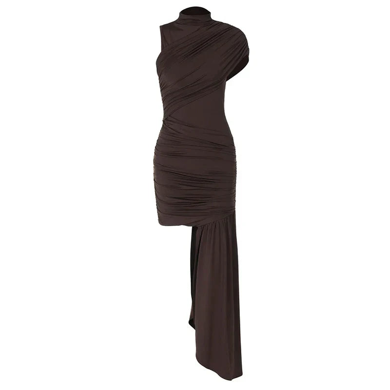 Irregular Draped Ruched Sexy Mini Dress For Women Elegant Turtleneck Sleeveless High Waist Pleated Club Party Dress
