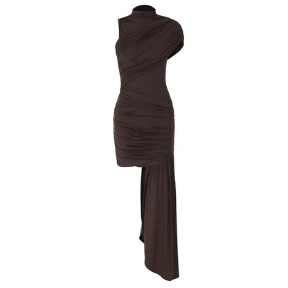Irregular Draped Ruched Sexy Mini Dress For Women Elegant Turtleneck Sleeveless High Waist Pleated Club Party Dress