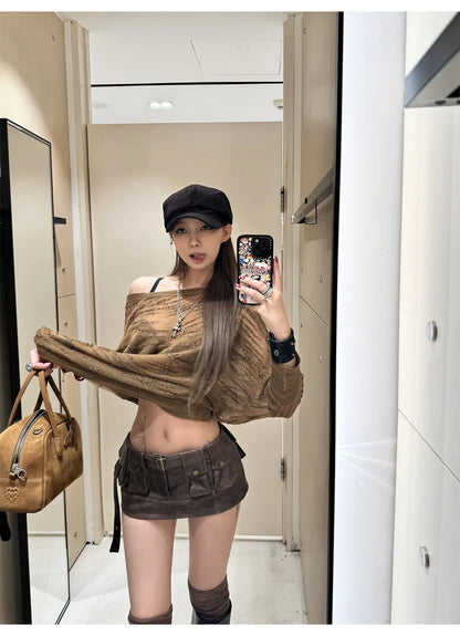 Spring Summer Cool Sexy Vintage Distressed Brown Pu Leather Mini Skirt Women Three-dimensional pockets Belt Streetwear