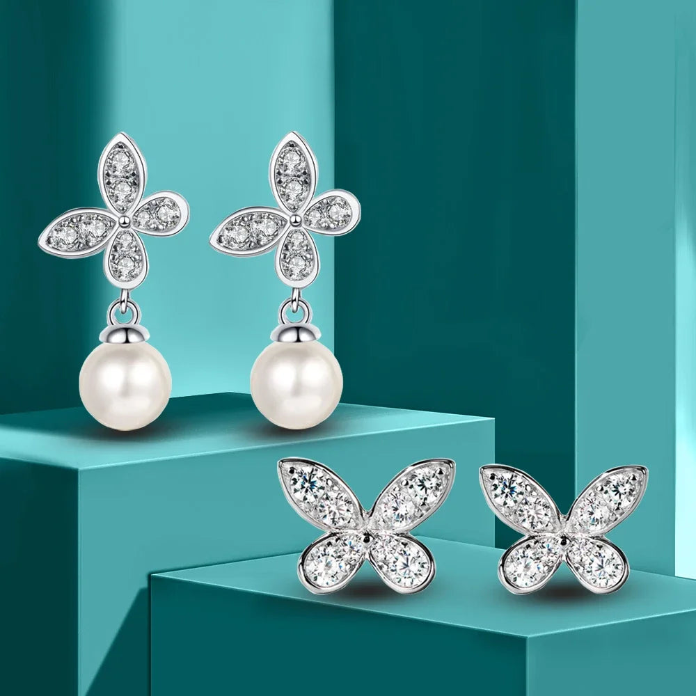 Butterfly Moissanite Diamond Drop Earrings with 8mm Freshwater Pearl 925 Sterling Silver Stud Earring for Women Fine Jewelry