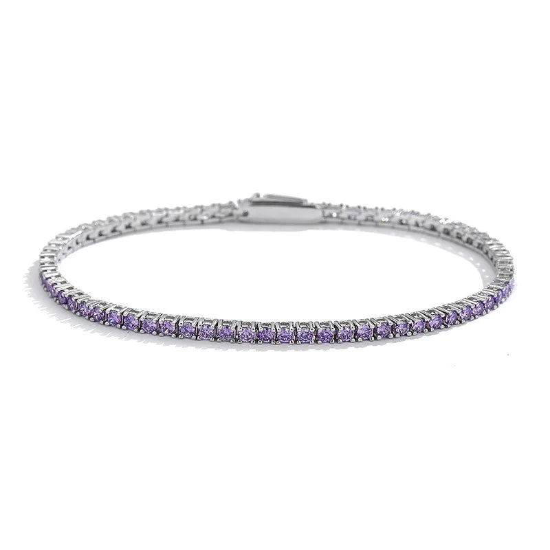 Full 2mm Violet Pink Blue White 5A Zircon Tennis Bracelet for Woman S925 Silver High Carbon All Colored Gemstone Bracelets