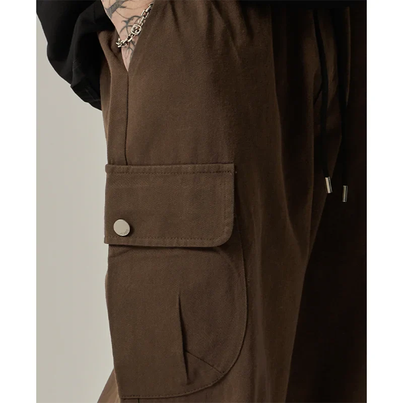 Men's Sweatpants 2025 Spring Autumn Vintage Japanese Wide Leg Straight Loose Button Big Pockets Cargo Pants Drawstring Trousers