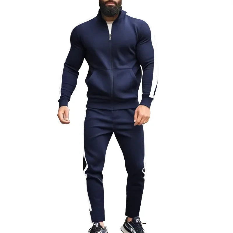 2025 Spring Autumn Men's 2-Piece Set Color Blocking Zipper Stand Collar Casual Sports Jacket Sweatshirt Trousers Suit
