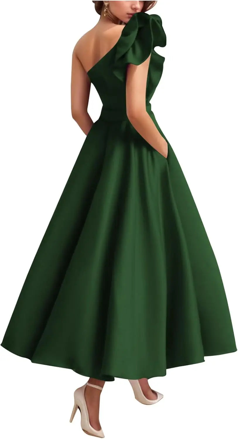Women's One Shoulder Elegant Evening Dress with Pockets Satin Tea Length A Line Formal Wedding Guest Dress Prom Dresses