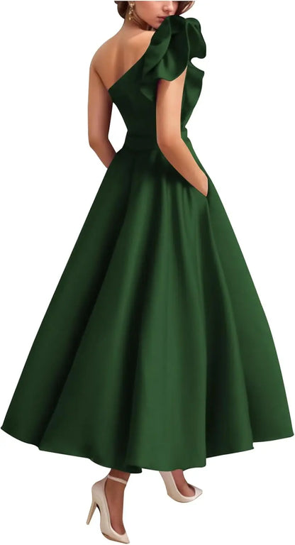 Women's One Shoulder Elegant Evening Dress with Pockets Satin Tea Length A Line Formal Wedding Guest Dress Prom Dresses