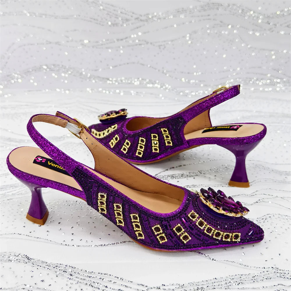 Elegant Rhinestone Pointed Toe Pumps With Matching Bag Set Large Size shoes Big Bag for Women's Party High Heels