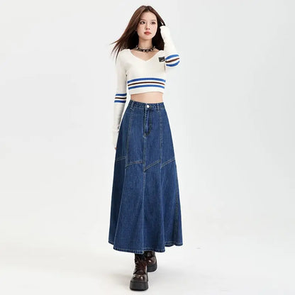 Women Blue A-line Denim Skirt Vintage Aesthetic Y2k Patchwork New Jean Skirt Harajuku Korean Cowboy Skirts 2000s Clothes Summer