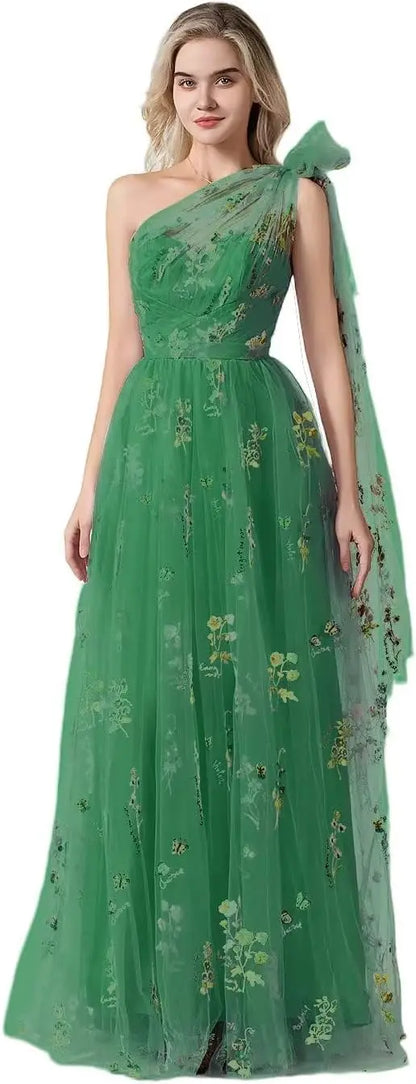 Vestido Longo de Formatura Feminino Elegante de Um Ombro Só com Bordado Floral em Tule, Modelo Godê para Festas de Gala
