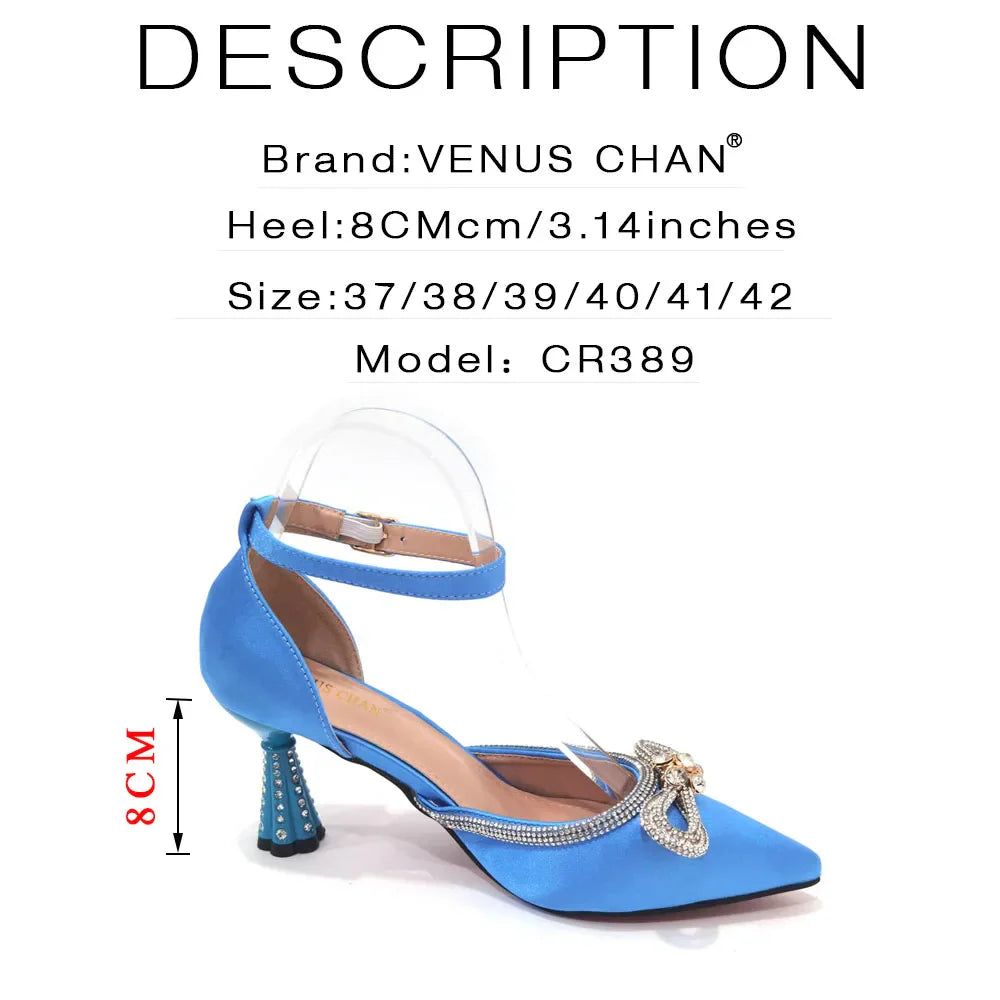Ladies Pointed-Toe Party High Heels Magenta Colour Bow Rhinestone Stereo Bag Evening  African Wedding Shoe And Bag Set