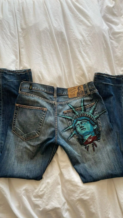 Harajuku Y2k 2000s Women Clothing Vintage Statue of liberty Diamonds Jeans Casual Denim Pants High Waist Straight Wide Leg Jeans