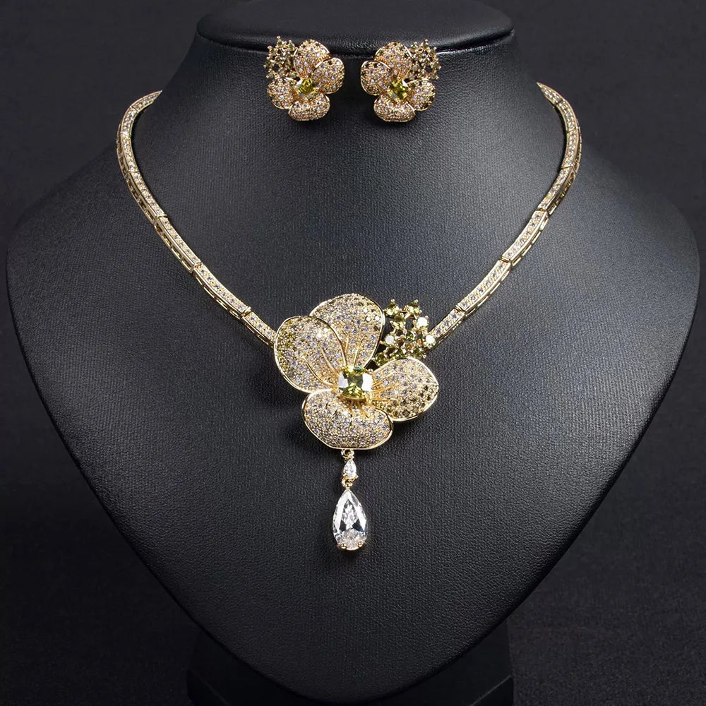 Cubic Zircon Crystal White Flower Women Choker Necklace and Earrings Bridal Jewelry Set for Wedding Dress Accessories S-338