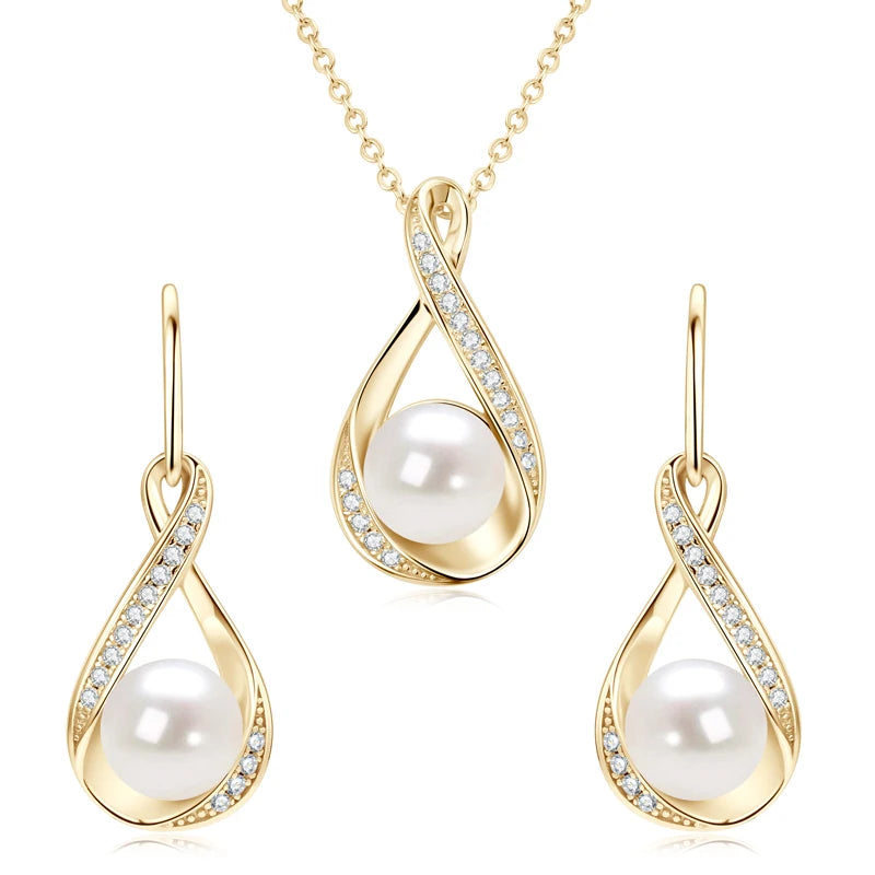 Moissanite Natural Freshwater Pearl Infinity Pendant Necklace & Earrings Sets for Women 925 Sterling Silver Wedding Jewelry Set