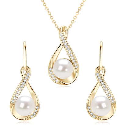 Moissanite Natural Freshwater Pearl Infinity Pendant Necklace & Earrings Sets for Women 925 Sterling Silver Wedding Jewelry Set
