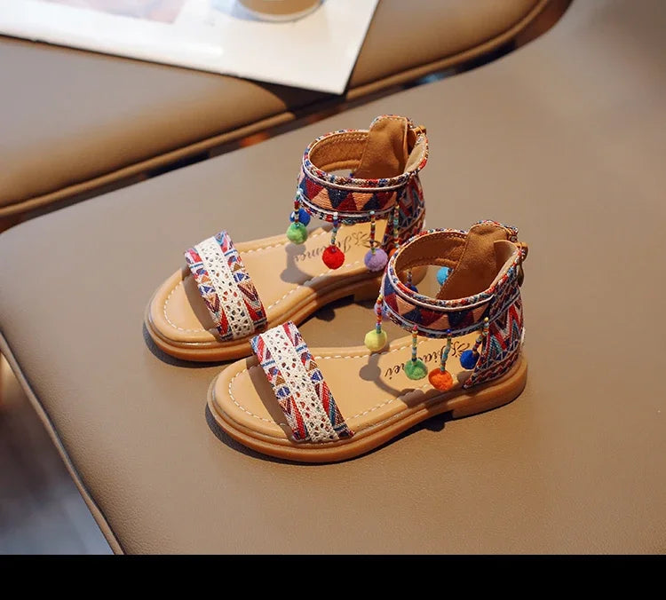 Ethnic Style Simple Children Roman Shoes 2024New Soft Breatheable Flats Open-toe Kids Shoes Non-slip Girls Sandals GLADIATOR