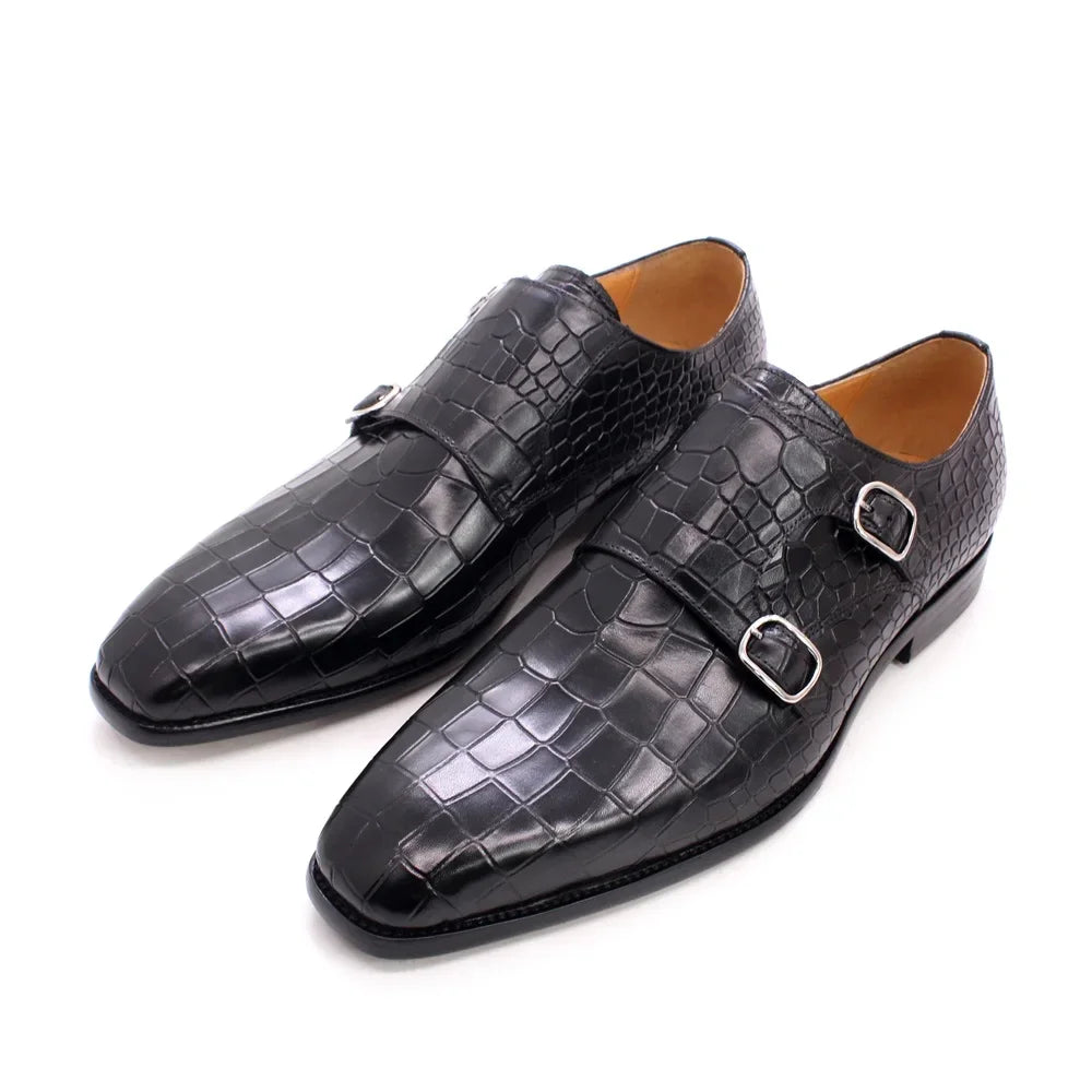 Men's Luxury Italian Real Leather Pointed Toe Double Buckle Formal Business Black Shoes Alligator Print for Business Casual Wear