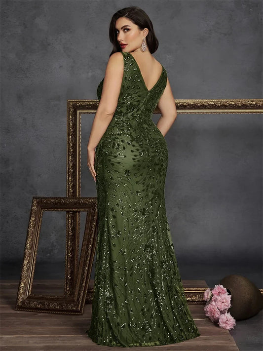 Plus Size Elegant V-back Slit Sequins Formal Evening Dresses 2026 Luxury Mermaid V-neck Cocktail Wedding Party Gowns
