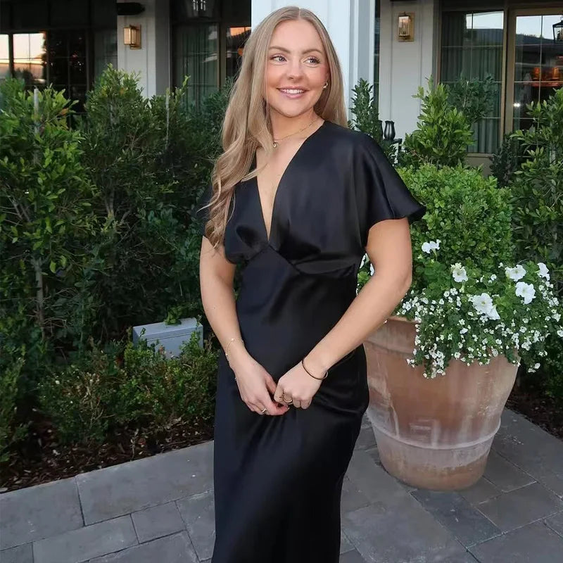 Midi Satin Dress Womens Dresses Black Khaki Blue Dress Summer 2025 Woman Ruffled V-Neck Bat Sleeve Vestido Party Dress 066