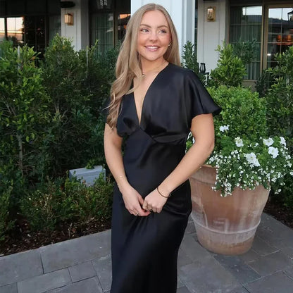Midi Satin Dress Womens Dresses Black Khaki Blue Dress Summer 2025 Woman Ruffled V-Neck Bat Sleeve Vestido Party Dress 066