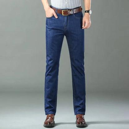 Denim Jeans For Men Blue Straight Stretch Cotton Pants Business Casual Lightweight Trousers Spring Summer