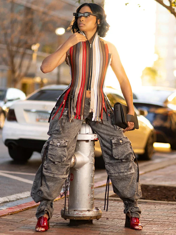 Backless Irregular Hem Tank Tops Woman Colorful Stripe Halter Multiple Zip Design Bandage High Street Hip-Hop Style Vests