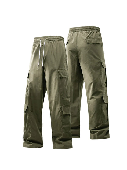 Men's Spring and Autumn Multi-Pocket Cargo Pants with Elastic Waistband and Drawstring Adjustment, Solid Color Multi-Pocket Long Pants Suitable for Outdoor Sports and Leisure