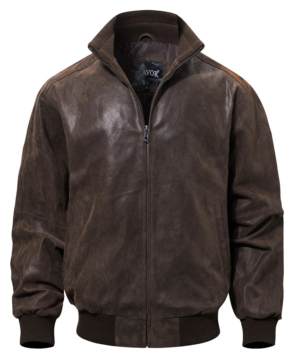 Men's Real Pigskin Leather Bomber Casual Jacket Stand Collar Leather Coat