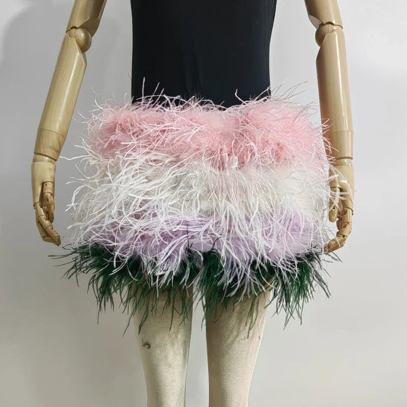 True ostrich feather Multicolor Mini Skirt Elastic Waist  Sexy Clothing Club Party Dance Rave Short Skirt Note select 3 colors