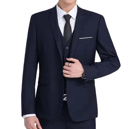 New Solid-colored Suit Men's Fashion Business Gentleman Casual Solid Color Slim-fit Work Wedding Formal Blazer+ Vest +Trousers