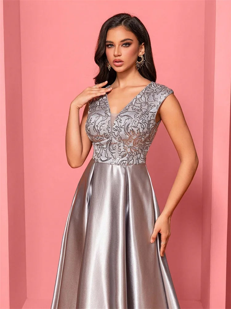 New Luxury Gold Satin V-Neck Sequins Embroidery Formal Evening Dresses Women Long Elegant Wedding Party A-line Cocktail Gowns