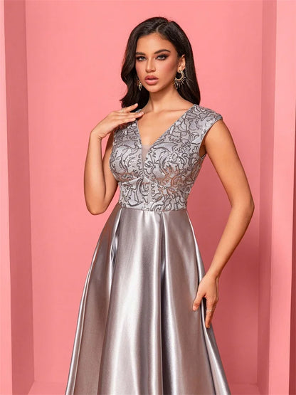 New Luxury Gold Satin V-Neck Sequins Embroidery Formal Evening Dresses Women Long Elegant Wedding Party A-line Cocktail Gowns