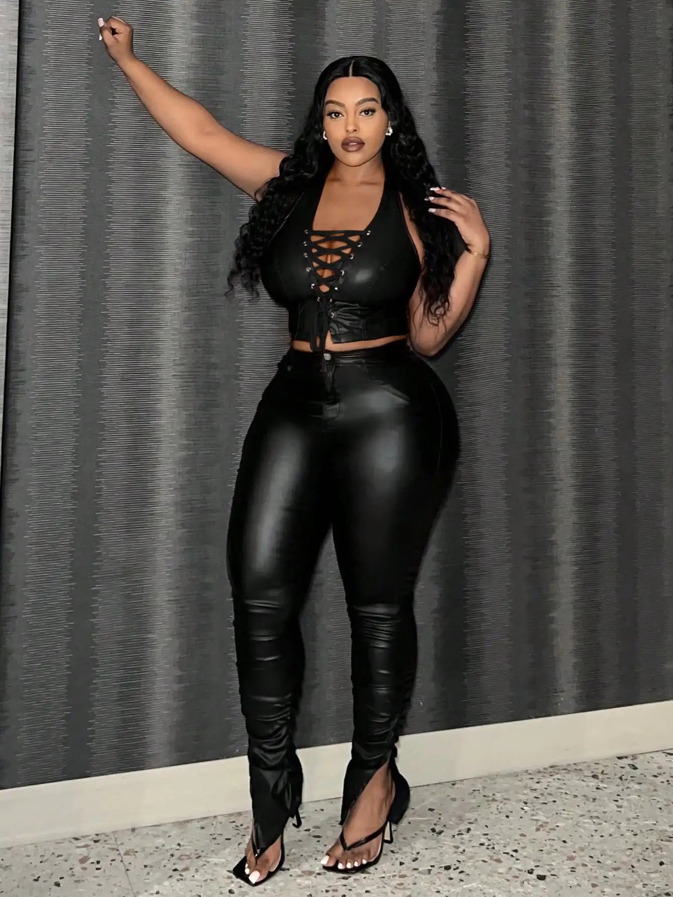 Sexy Leather Crop Top for Women with Hanging Neck Strap Hollow out Belted Waist Tight Strap Vest Large Size European Style