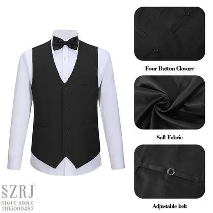 Men's 5-Piece Business Suit Set: Jacket+Vest+Pants+2 Bow Ties (Red+Blue).Premium, Tailored， For Parties, Weddings, Business.