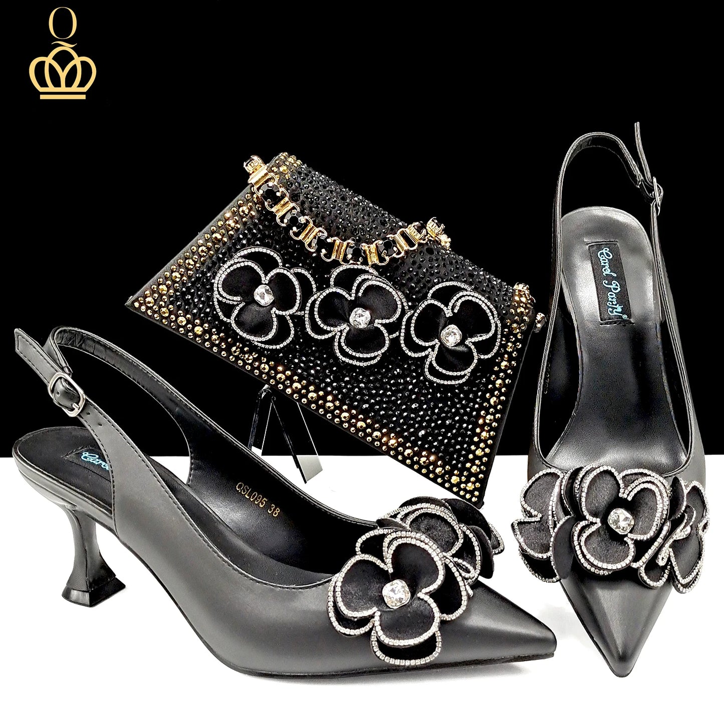 Party Shoes And Bag Ladies Heel Decoration Pure Elegant Flower Wedding Shoes And Bag Full Rhinestone Fashion Handbag