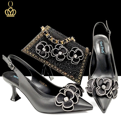 Party Shoes And Bag Ladies Heel Decoration Pure Elegant Flower Wedding Shoes And Bag Full Rhinestone Fashion Handbag