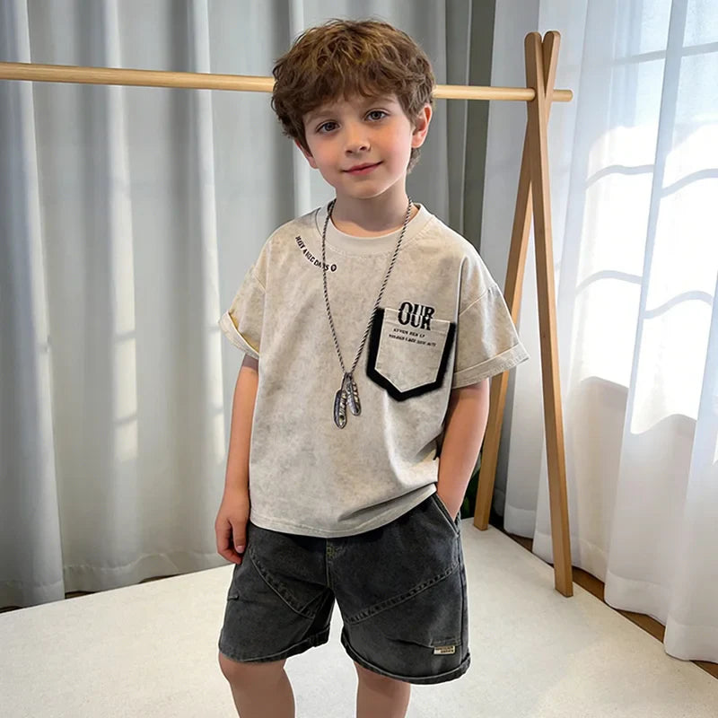 Kids 2-Piece Summer Casual Set - Short Sleeve T-Shirt with Pocket Print & Gray Denim Shorts for Boys Children's Fashion Outfit