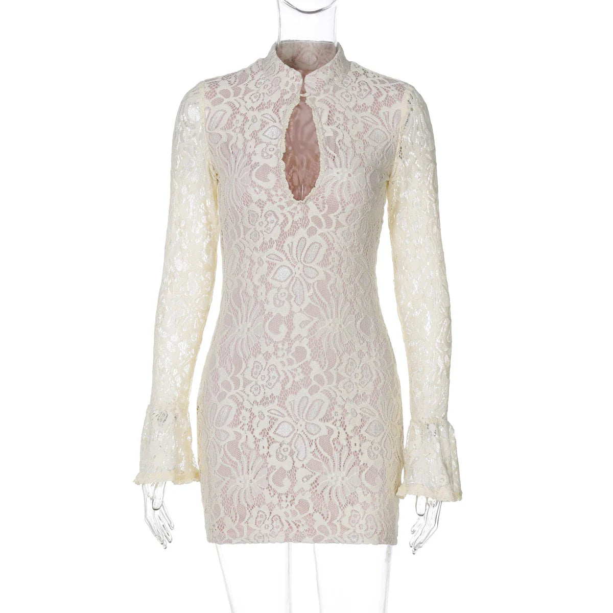 Turtleneck Long Flare Sleeve Patchwork Lace Hollow Out Button Sexy Mini Dress 2025 Spring Women Clothes Party Nightclub