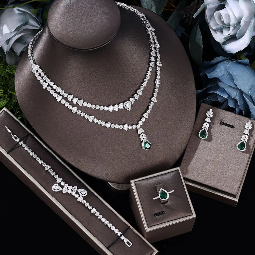 Double Layers Necklace Earring 4 Pieces Sets Luxury Cubic Zirconia Dubai Nigeria Wedding Bridal Jewelry Sets