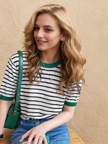 Fashion Stripe Knitted Round Collar Tees 2026 Summer Women Tops Print Short Sleeve Casual Simple Versatile Women T-Shirt