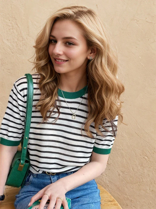 Fashion Stripe Knitted Round Collar Tees 2026 Summer Women Tops Print Short Sleeve Casual Simple Versatile Women T-Shirt
