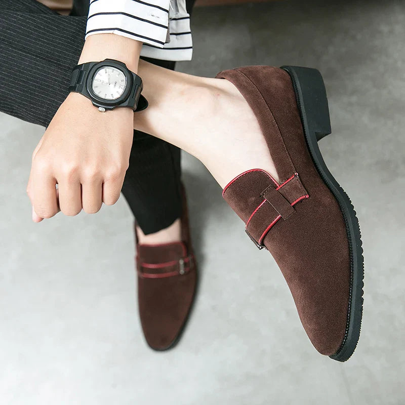 British style simple business dress shoes men's leather frosted flip fur loafers slip-on pointy peas casual shoes