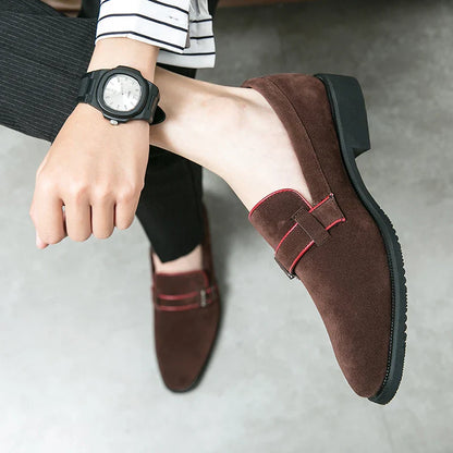 British style simple business dress shoes men's leather frosted flip fur loafers slip-on pointy peas casual shoes